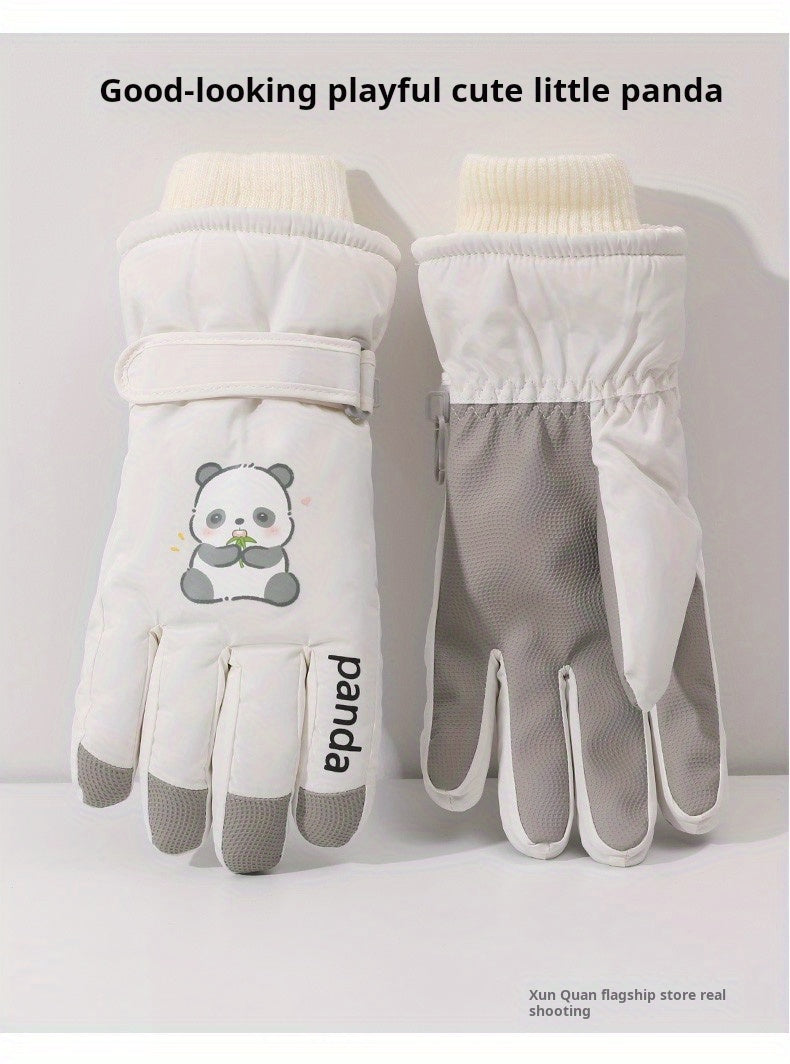 1 Pair Women'S Winter Ski Gloves, Cute Panda Design, Touchscreen Compatible, Polyester Thermal Lining, Velvet Palm, Magic Tape Closure, Hand Washable, Weather-Resistant